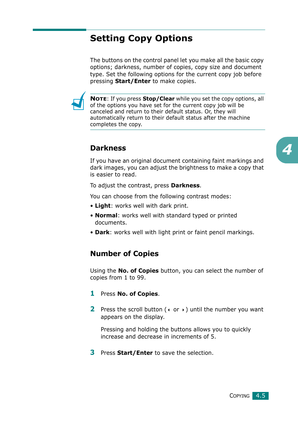 Setting copy options, Darkness, Number of copies | Samsung Laser MFP SCX-4100 User Manual | Page 86 / 169