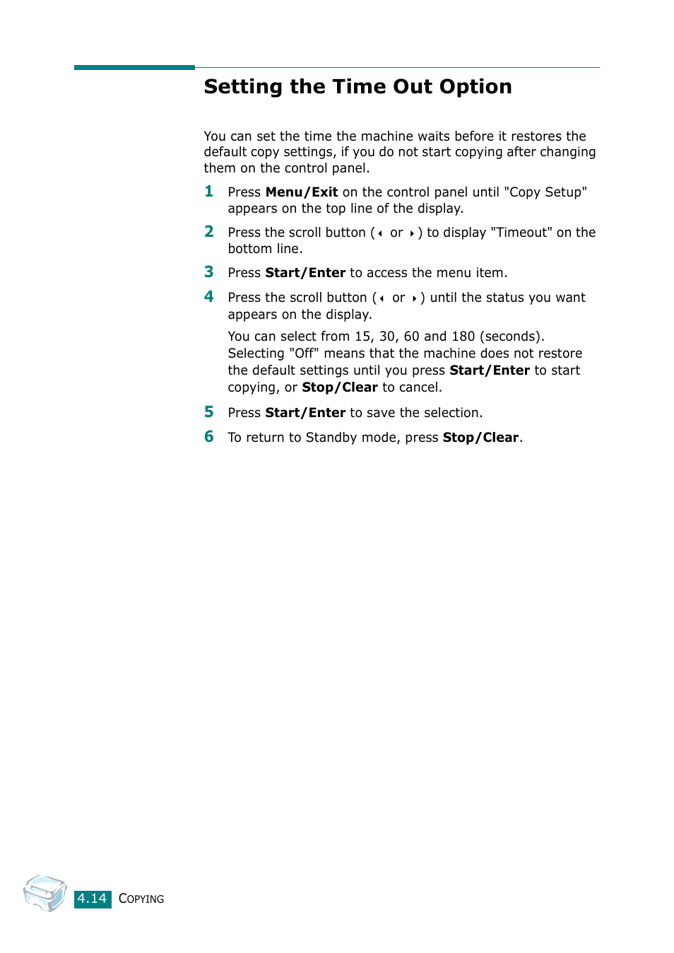 Setting the time out option | Samsung Laser MFP SCX-4100 User Manual | Page 95 / 169