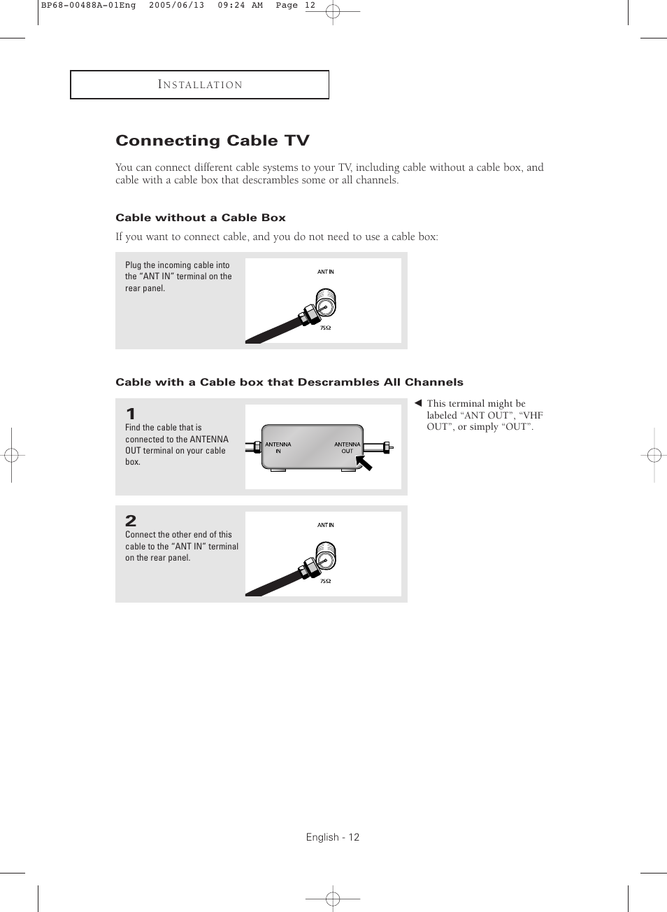 Connecting cable tv, Cable without a cable box | Samsung HC-P5241W User Manual | Page 12 / 64