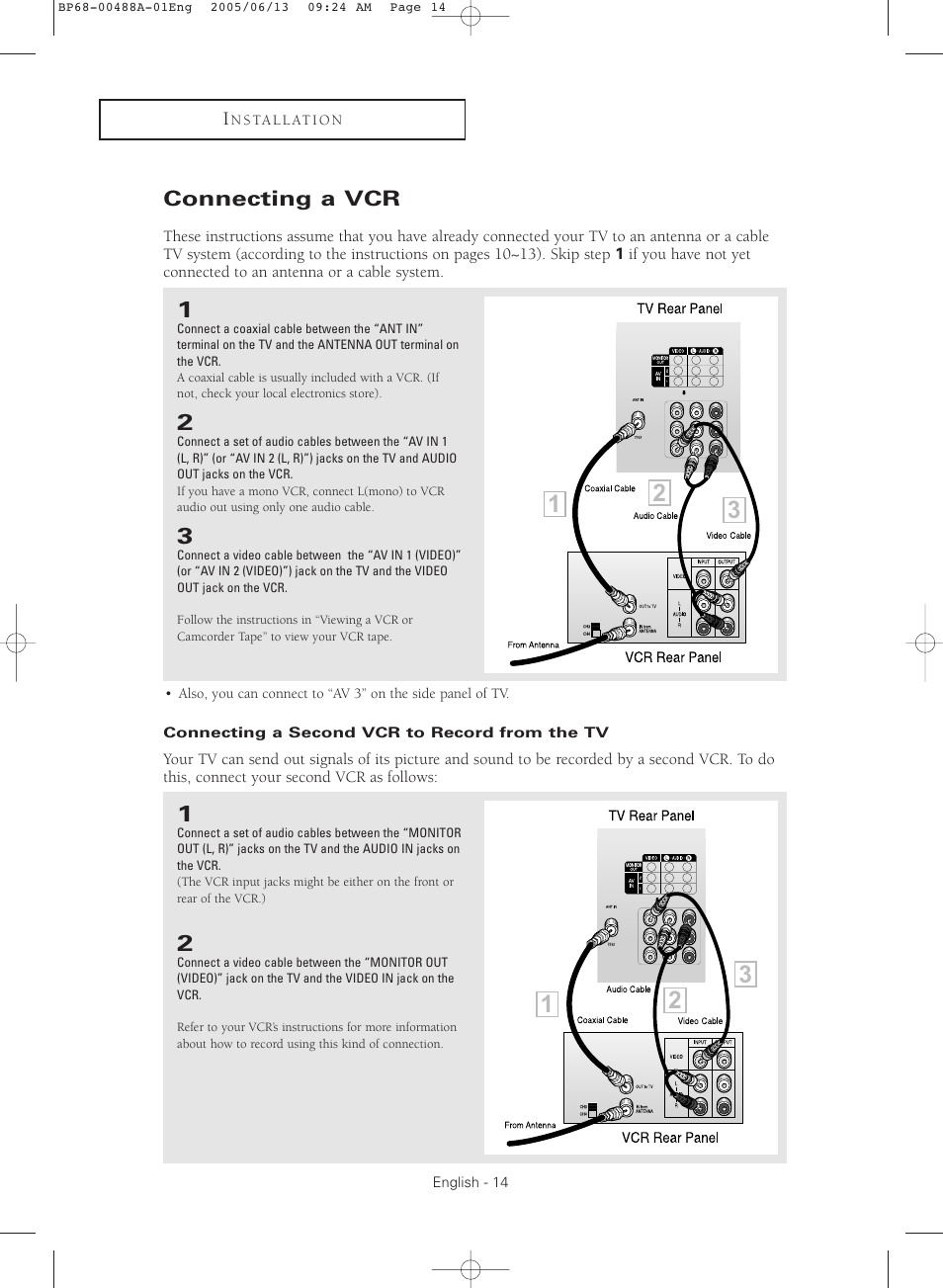 Connecting a vcr, Connecting a second vcr to record from the tv | Samsung HC-P5241W User Manual | Page 14 / 64