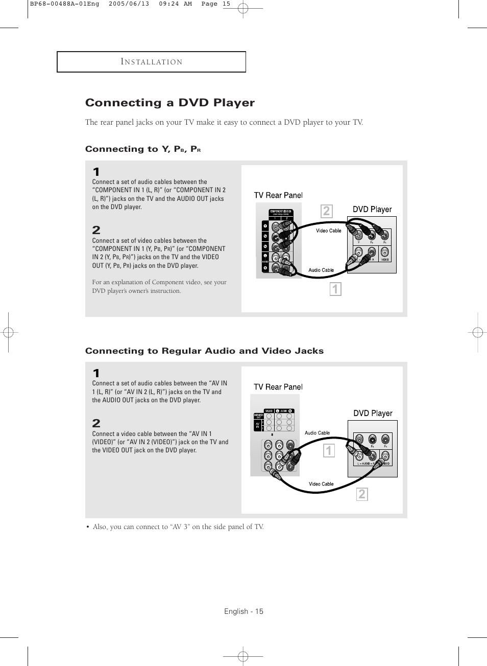 Connecting a dvd player, Connecting to y, pb, pr, Connecting to regular audio and video jacks | Samsung HC-P5241W User Manual | Page 15 / 64