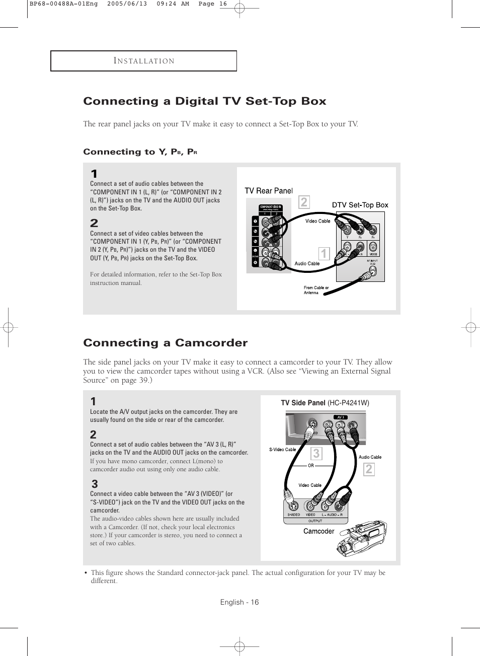 Connecting a digital tv set-top box, Connecting to y, pb, pr, Connecting a camcorder | Samsung HC-P5241W User Manual | Page 16 / 64