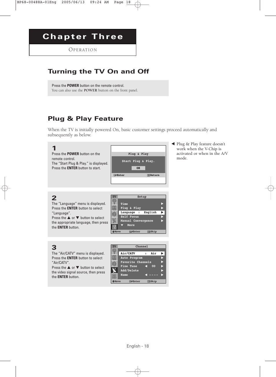 Chapter three : operation, Turning the tv on and off, Plug & play feature | Samsung HC-P5241W User Manual | Page 18 / 64