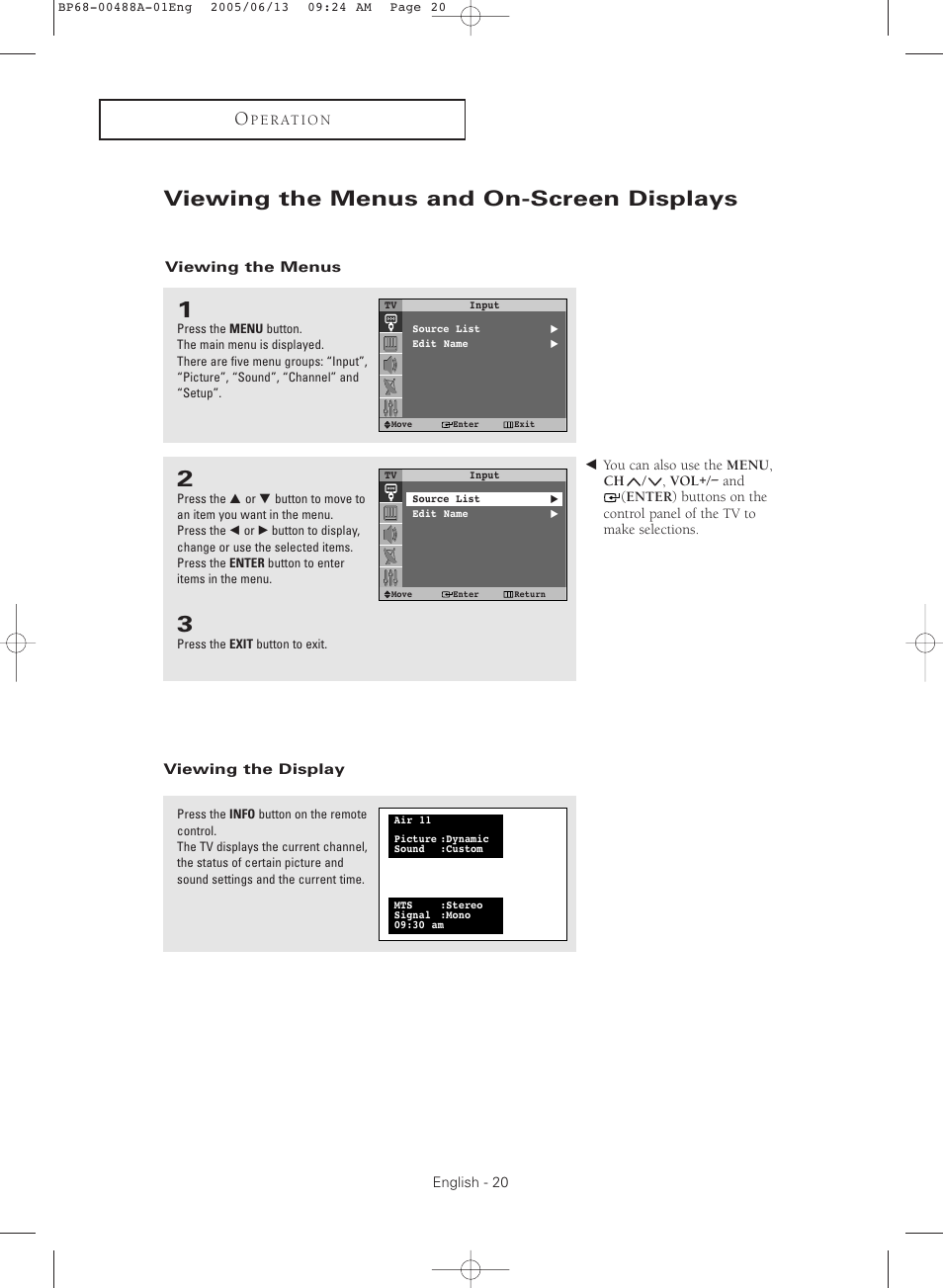Viewing the menus and on-screen displays, Viewing the menus, Viewing the display | Samsung HC-P5241W User Manual | Page 20 / 64
