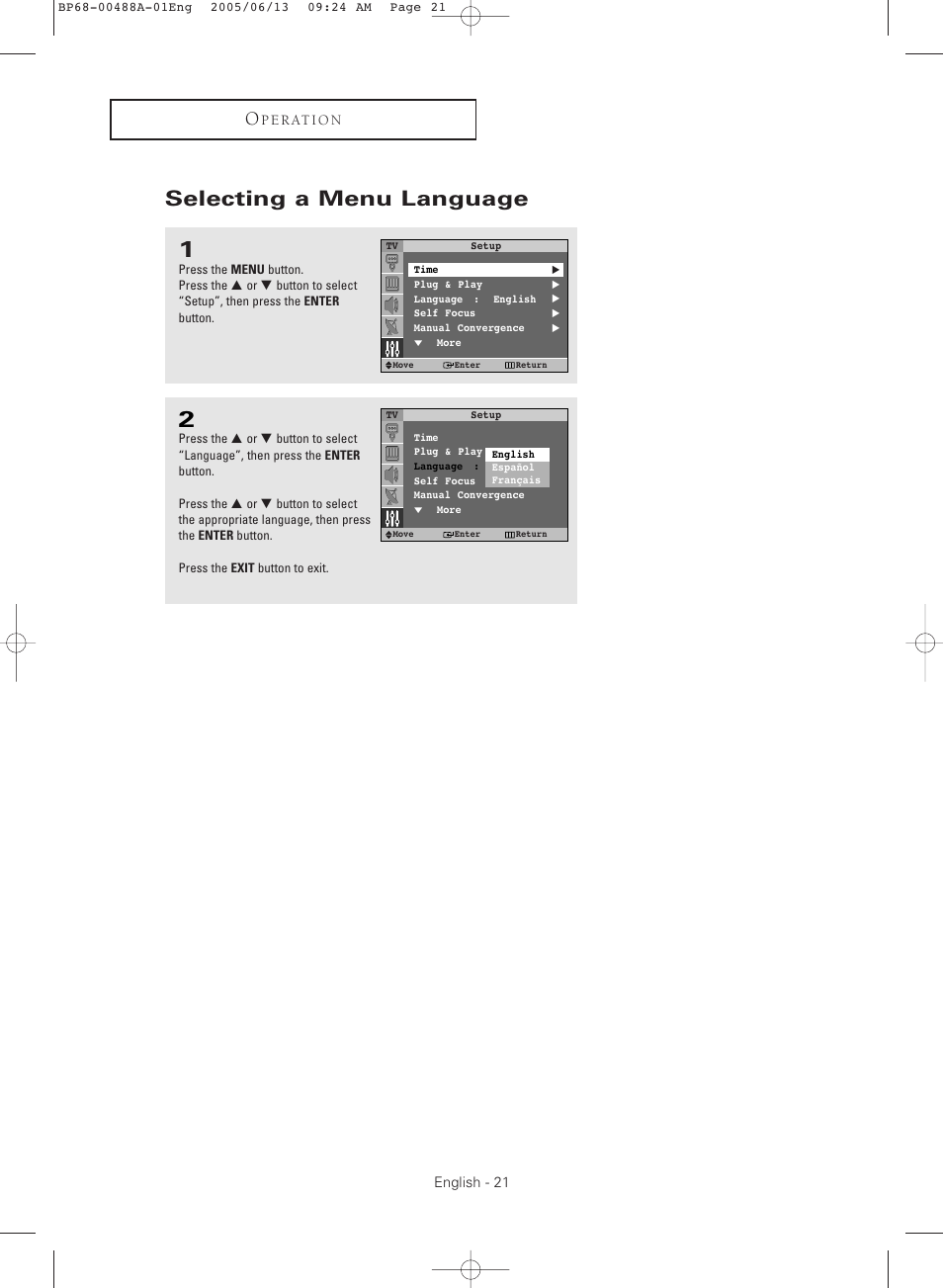 Selecting a menu language | Samsung HC-P5241W User Manual | Page 21 / 64