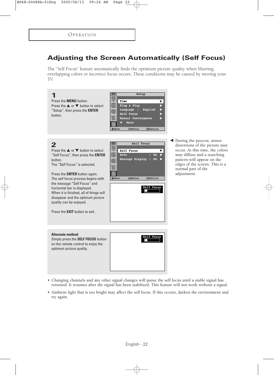 Adjusting the screen automatically (self focus) | Samsung HC-P5241W User Manual | Page 22 / 64