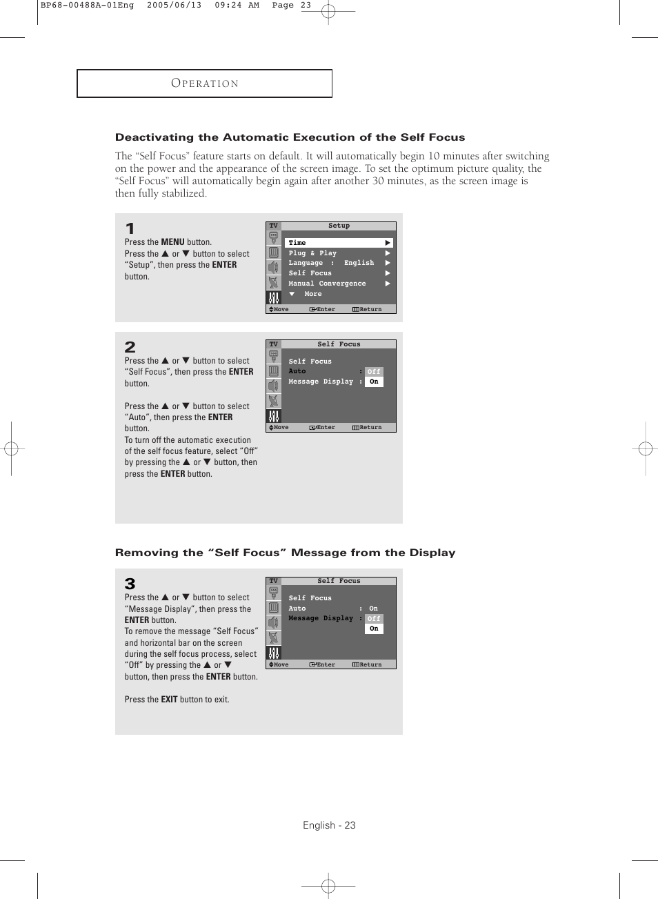 Removing the “self focus” message from the display | Samsung HC-P5241W User Manual | Page 23 / 64