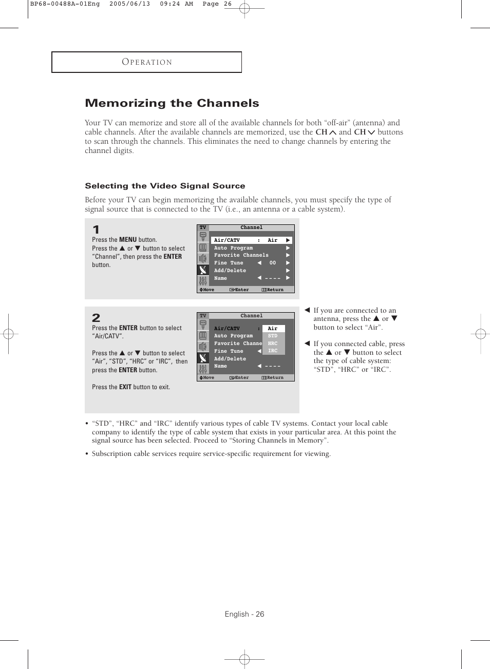 Memorizing the channels, Selecting the video signal source | Samsung HC-P5241W User Manual | Page 26 / 64