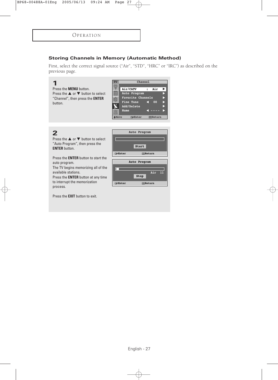Storing channels in memory (automatic method) | Samsung HC-P5241W User Manual | Page 27 / 64