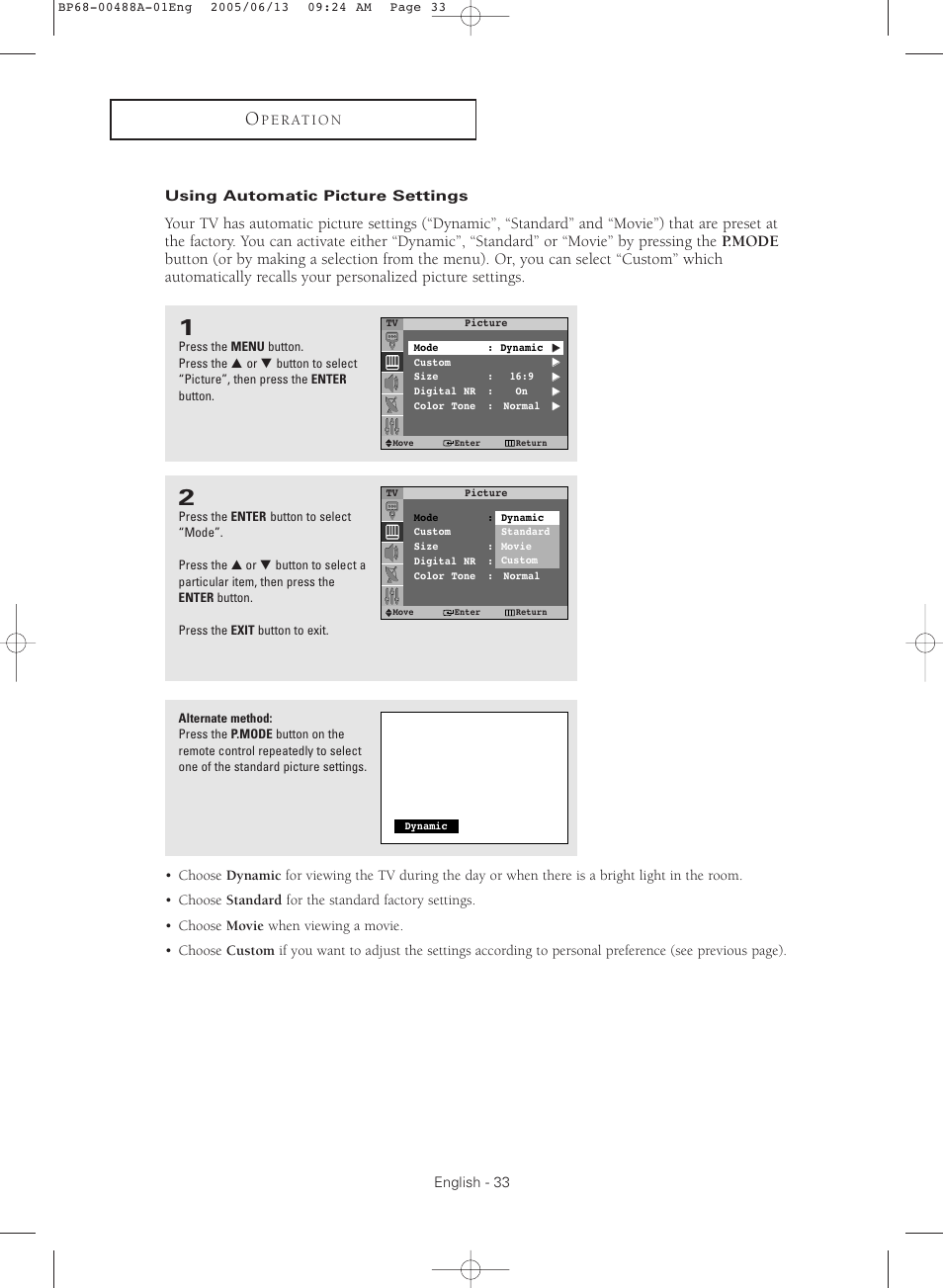Using automatic picture settings | Samsung HC-P5241W User Manual | Page 33 / 64