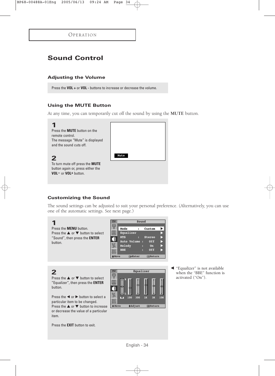 Sound control, Adjusting the volume, Using the mute button | Customizing the sound | Samsung HC-P5241W User Manual | Page 34 / 64