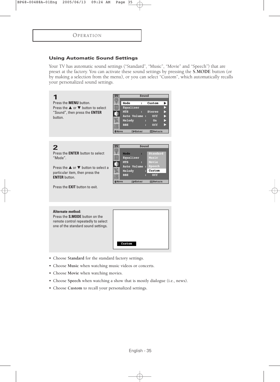 Using automatic sound settings | Samsung HC-P5241W User Manual | Page 35 / 64