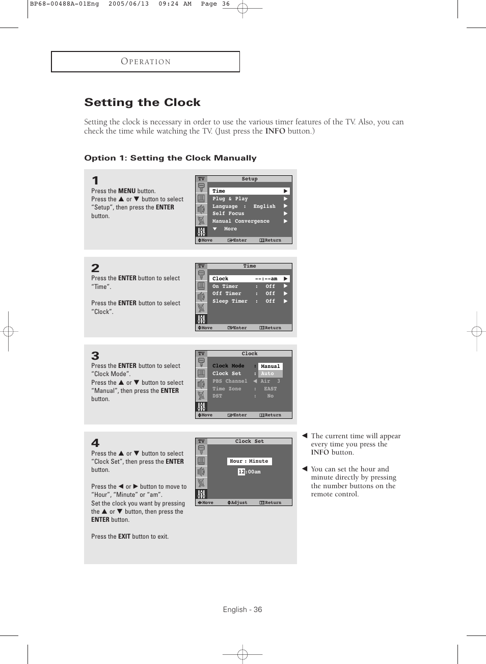Setting the clock, Option 1: setting the clock manually | Samsung HC-P5241W User Manual | Page 36 / 64