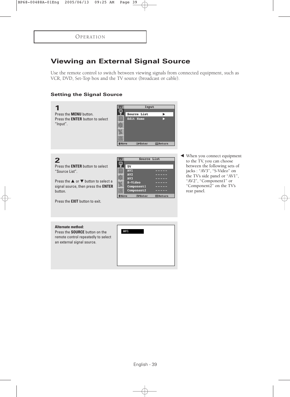 Viewing an external signal source, Setting the signal source | Samsung HC-P5241W User Manual | Page 39 / 64