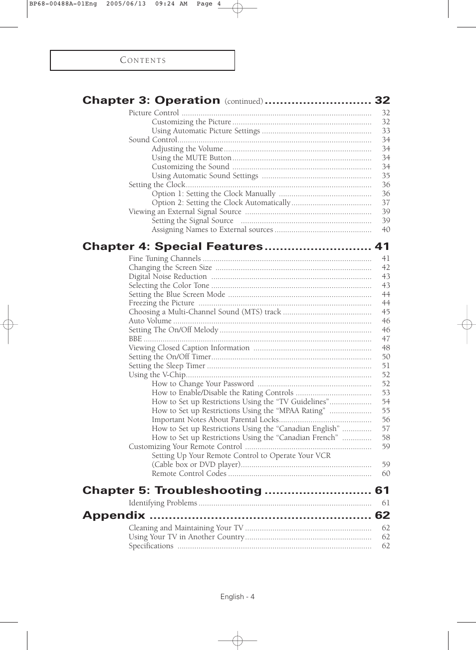 Chapter 3: operation, Chapter 4: special features, Chapter 5: troubleshooting | Appendix | Samsung HC-P5241W User Manual | Page 4 / 64