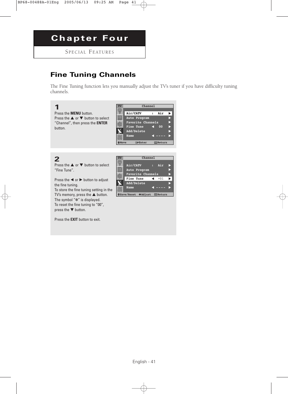 Chapter four : special features, Fine tuning channels | Samsung HC-P5241W User Manual | Page 41 / 64