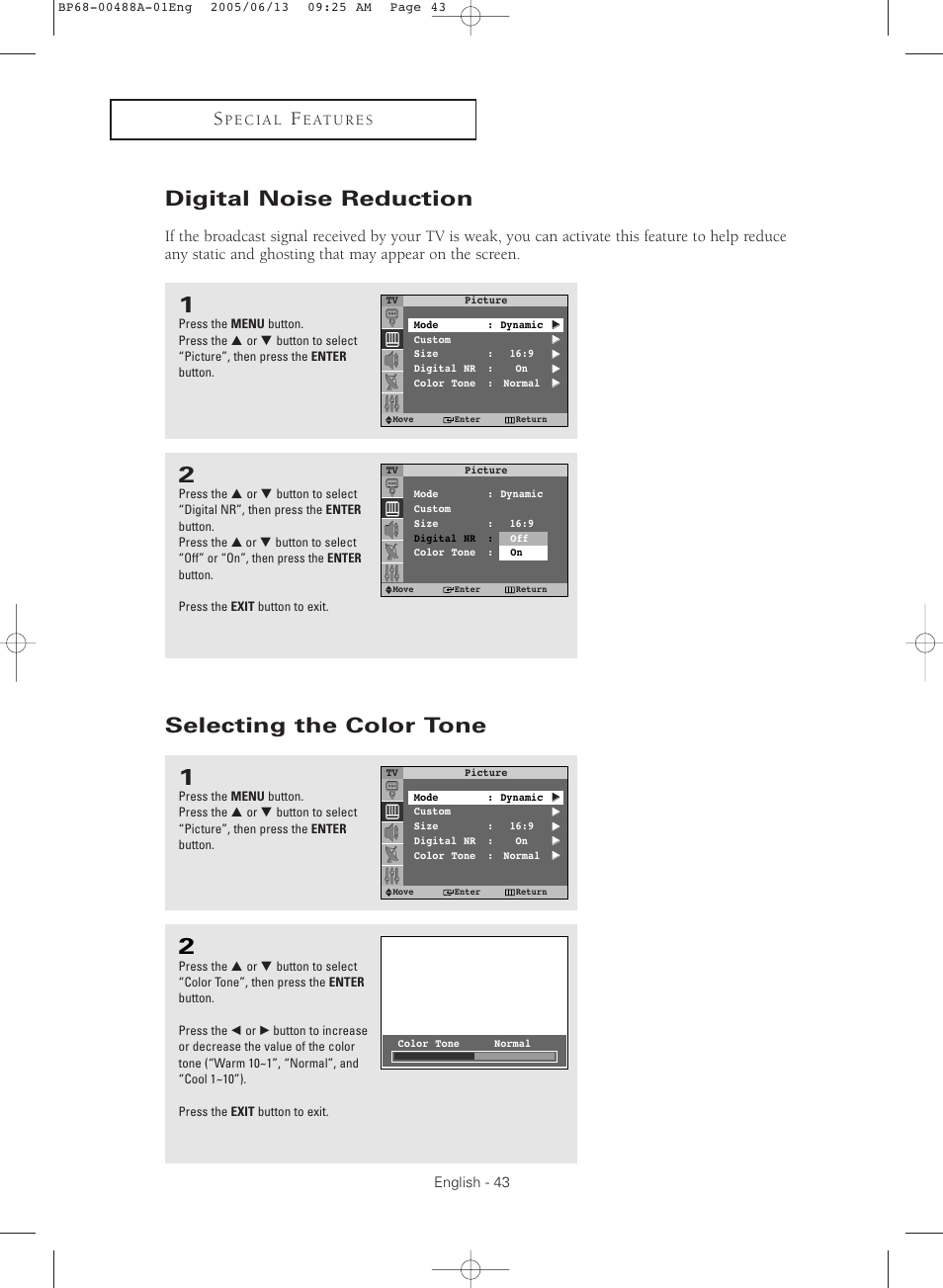 Digital noise reduction, Selecting the color tone | Samsung HC-P5241W User Manual | Page 43 / 64