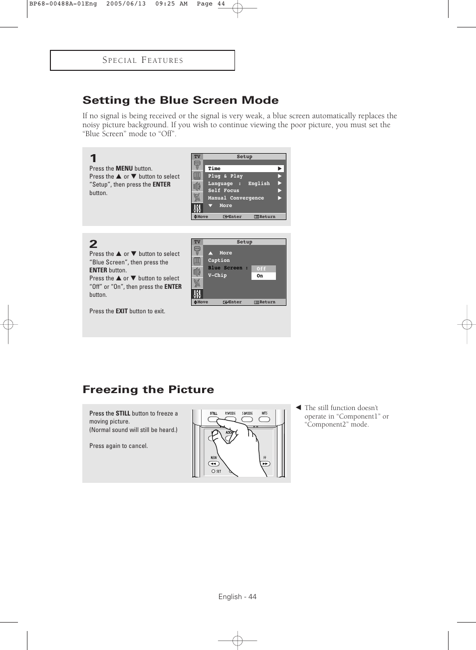 Setting the blue screen mode, Freezing the picture | Samsung HC-P5241W User Manual | Page 44 / 64