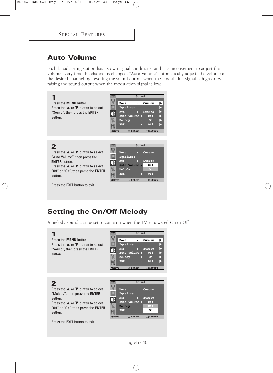 Auto volume, Setting the on/off melody | Samsung HC-P5241W User Manual | Page 46 / 64