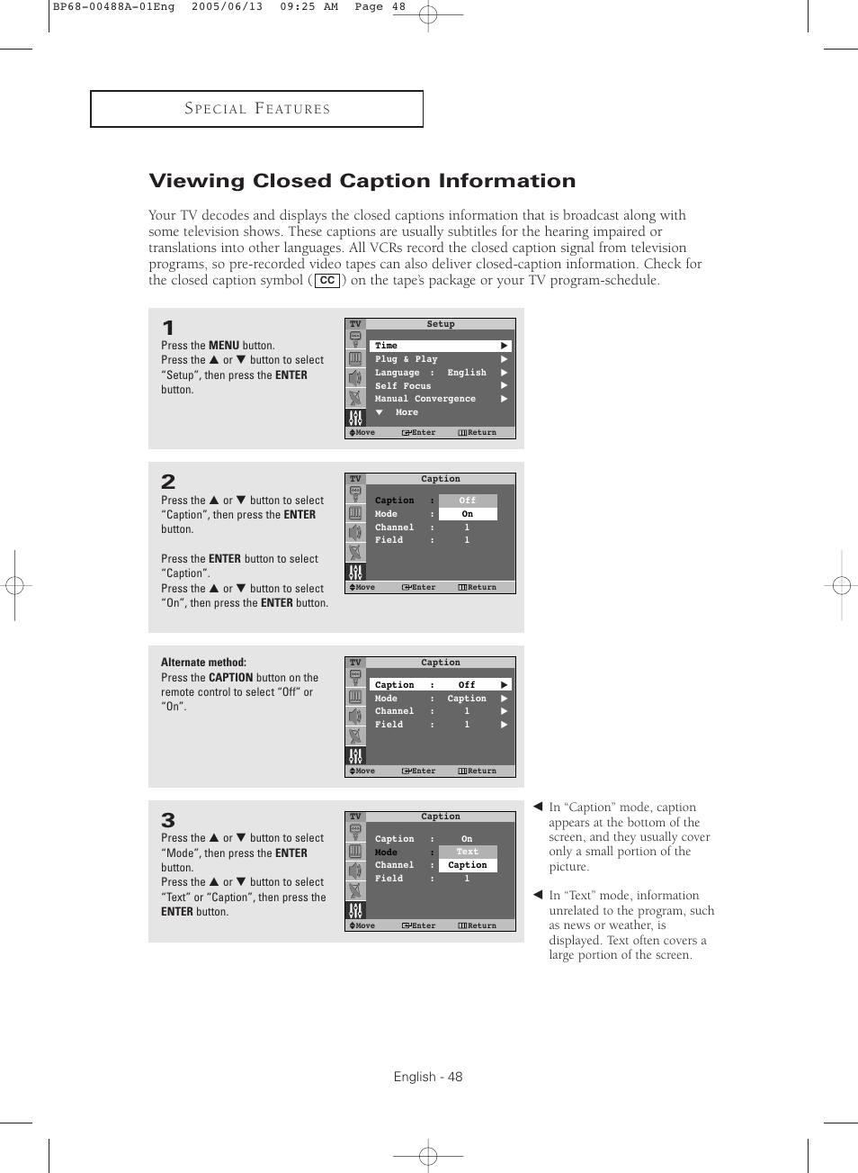 Viewing closed caption information | Samsung HC-P5241W User Manual | Page 48 / 64