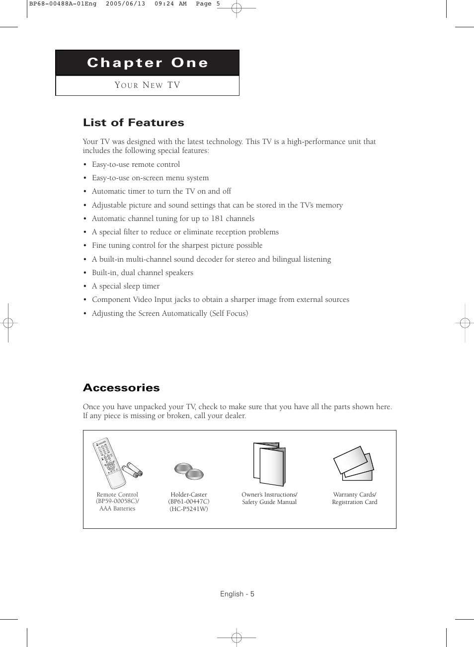 Chapter one : your new tv, List of features, Accessories | Samsung HC-P5241W User Manual | Page 5 / 64