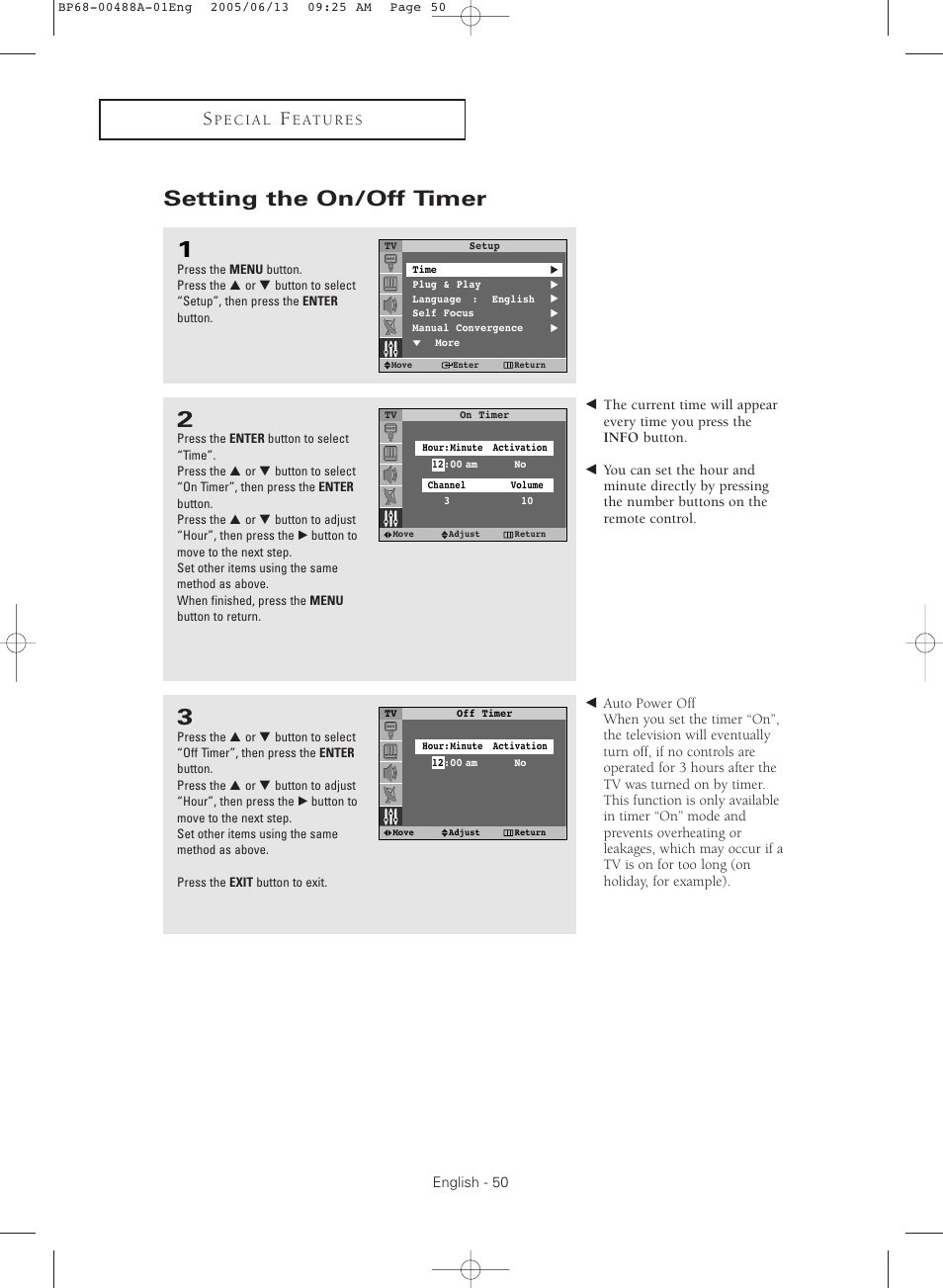 Setting the on/off timer | Samsung HC-P5241W User Manual | Page 50 / 64