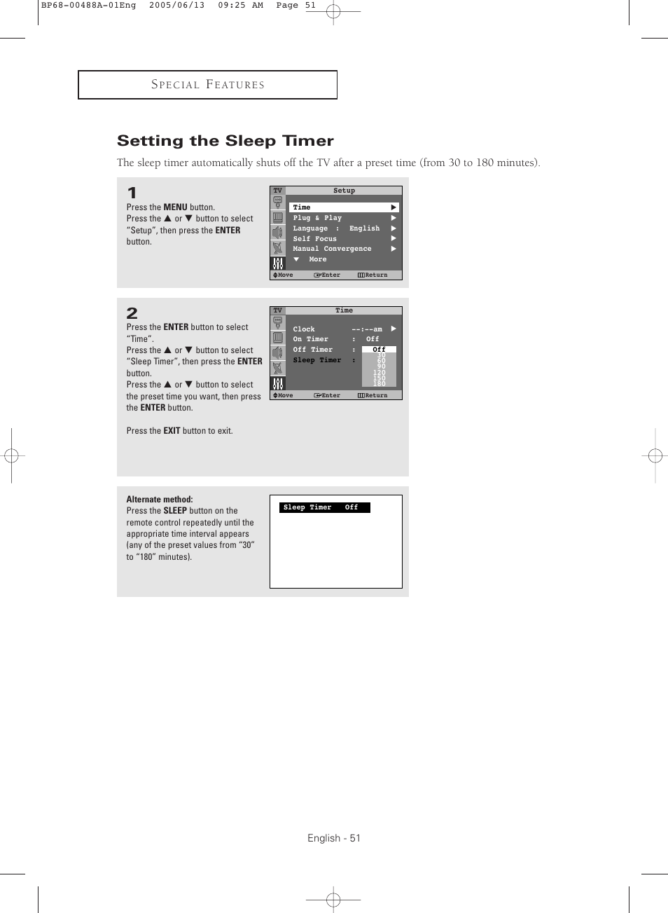Setting the sleep timer | Samsung HC-P5241W User Manual | Page 51 / 64