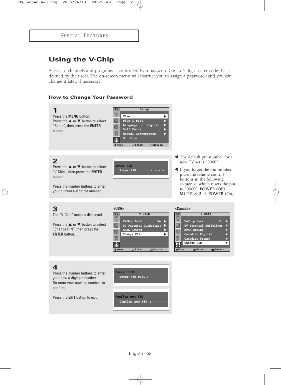 Using the v-chip, How to change your password | Samsung HC-P5241W User Manual | Page 52 / 64