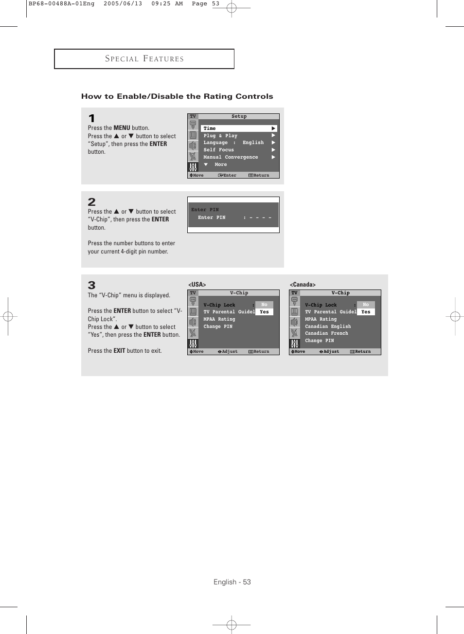 How to enable/disable the rating controls | Samsung HC-P5241W User Manual | Page 53 / 64