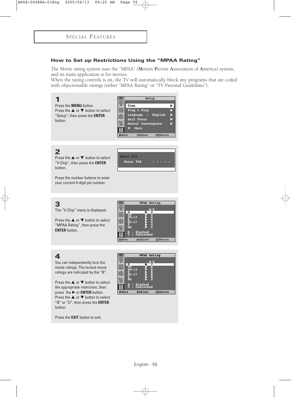 How to set up restrictions using the “mpaa rating | Samsung HC-P5241W User Manual | Page 55 / 64