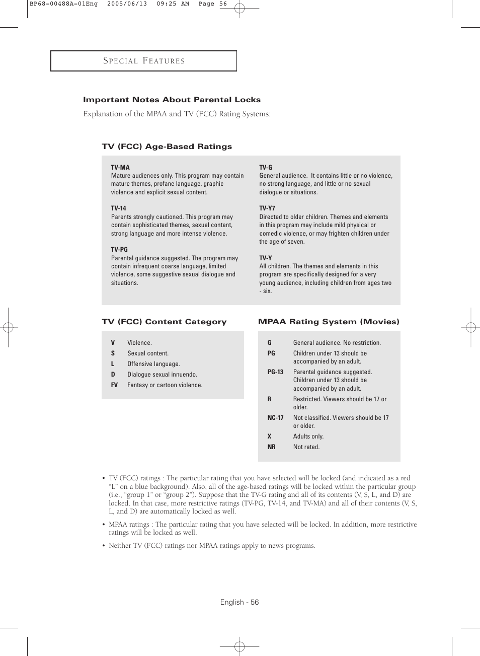 Important notes about parental locks | Samsung HC-P5241W User Manual | Page 56 / 64