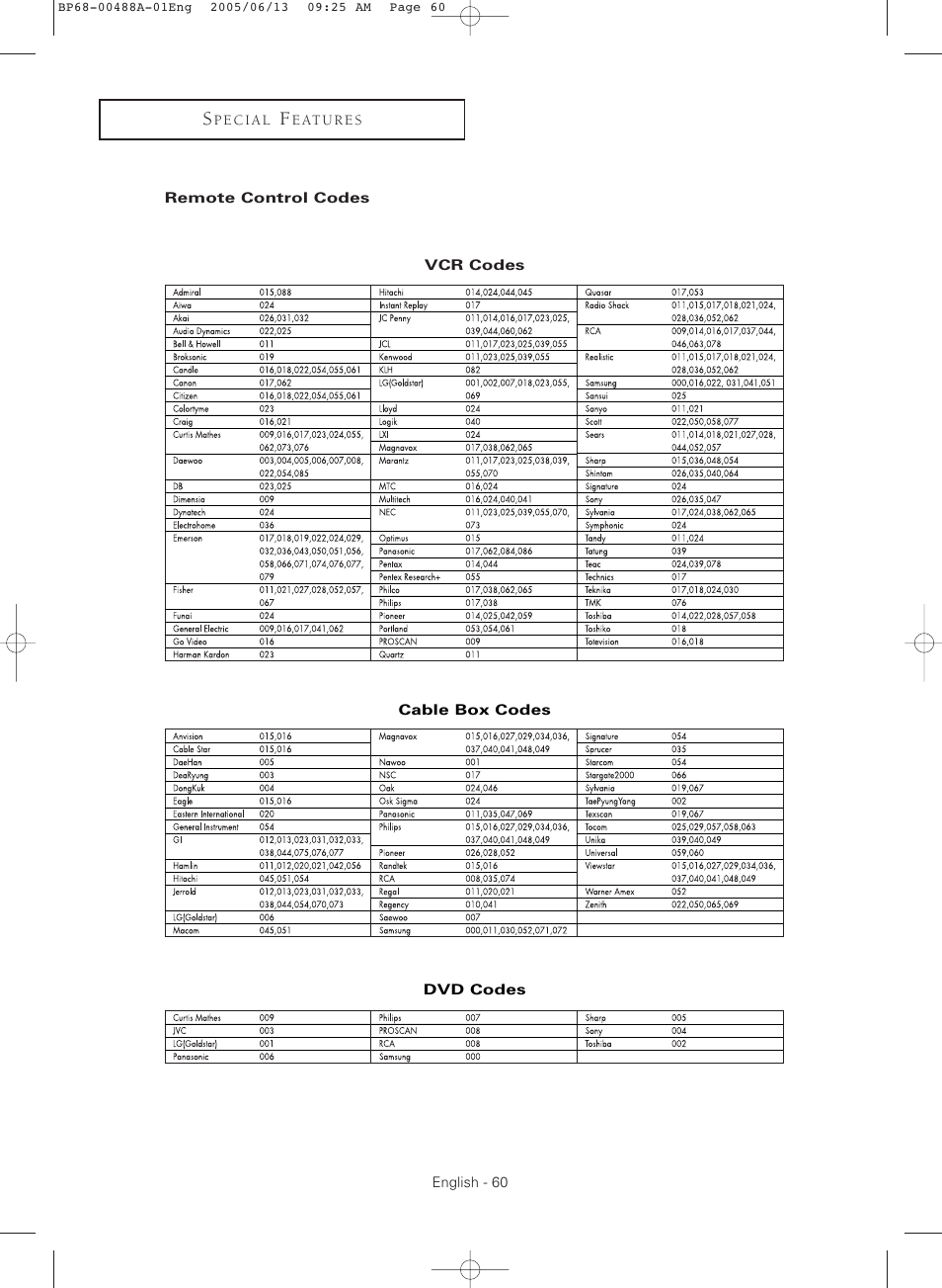 Remote control codes | Samsung HC-P5241W User Manual | Page 60 / 64