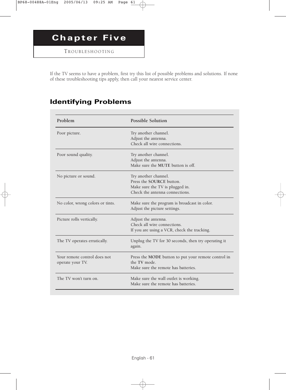 Chapter five : troubleshooting, Identifying problems | Samsung HC-P5241W User Manual | Page 61 / 64