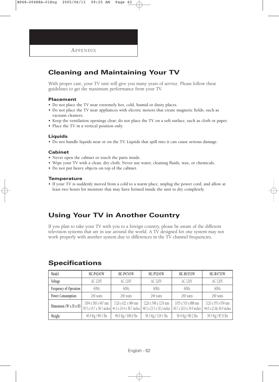 Appendix, Cleaning and maintaining your tv, Using your tv in another country | Specifications | Samsung HC-P5241W User Manual | Page 62 / 64