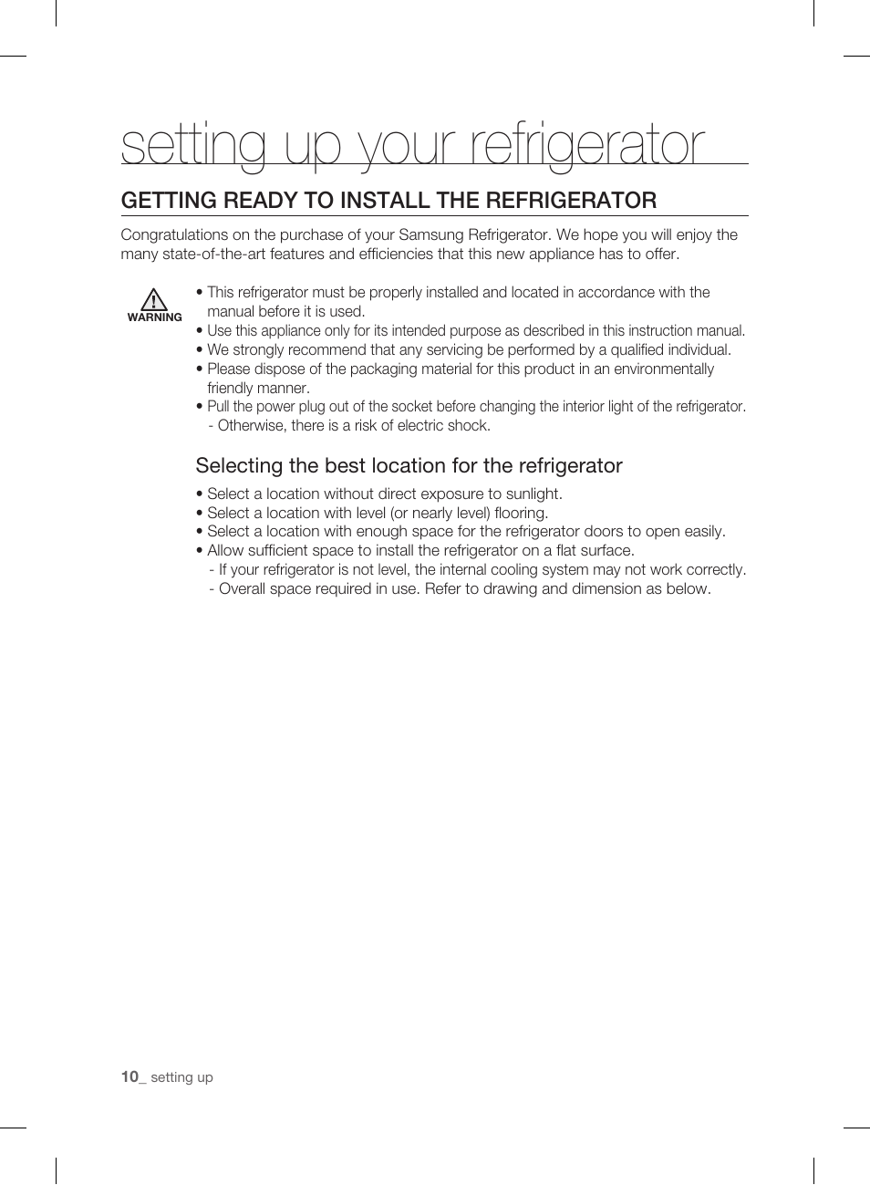 Setting up your refrigerator, Getting ready to install the refrigerator | Samsung DA99-01906A User Manual | Page 10 / 32