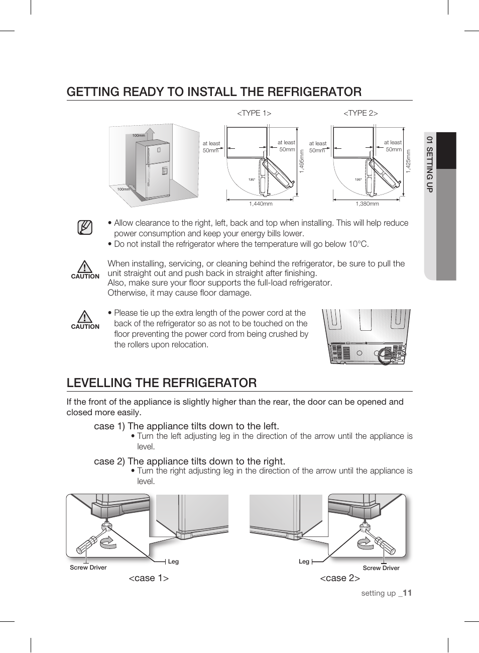 Getting ready to install the refrigerator, Leveling the refrigerator, Case 1 | Case 2, Case 1) the appliance tilts down to the left, Case 2) the appliance tilts down to the right | Samsung DA99-01906A User Manual | Page 11 / 32