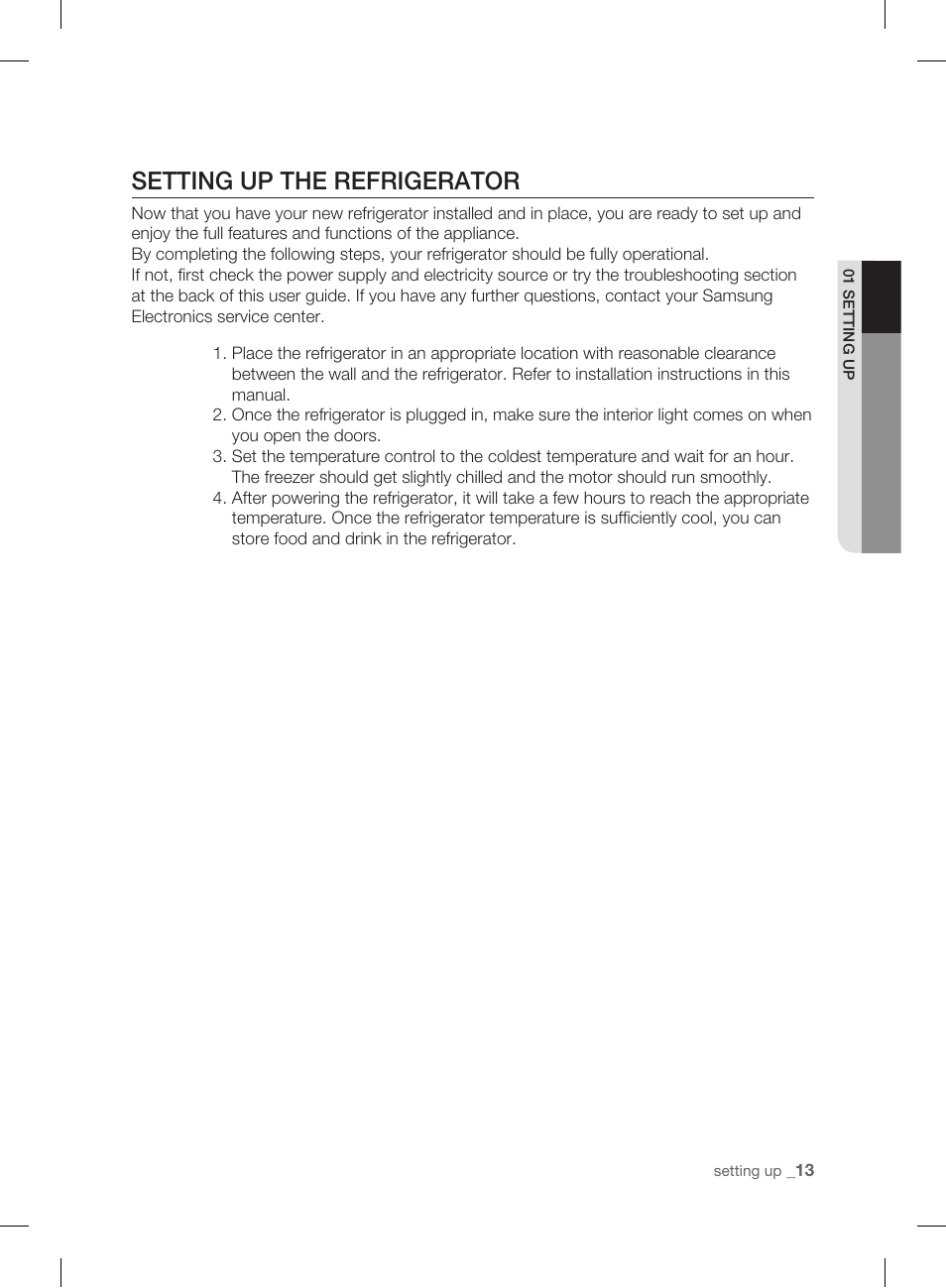 Setting up the refrigerator | Samsung DA99-01906A User Manual | Page 13 / 32