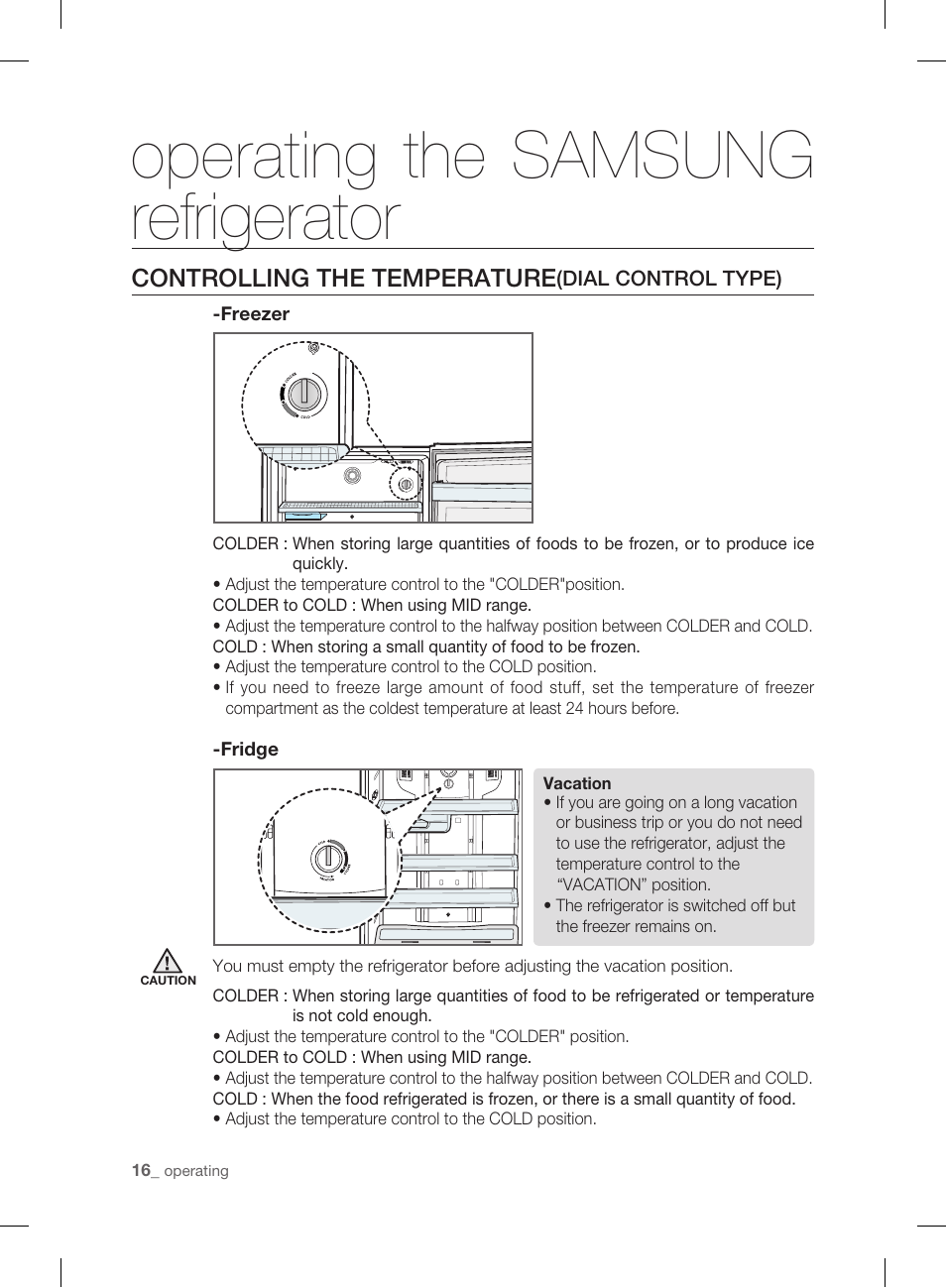 Controlling the temperature(dial control type), Operating the samsung refrigerator | Samsung DA99-01906A User Manual | Page 16 / 32