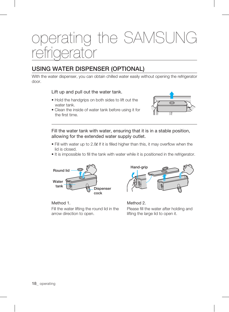 Using water dispenser (optional), Operating the samsung refrigerator | Samsung DA99-01906A User Manual | Page 18 / 32