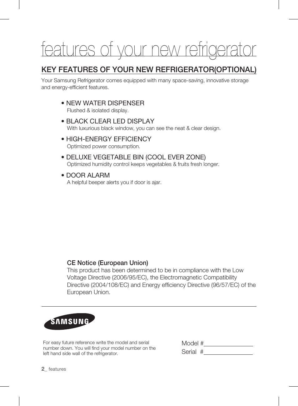 Features of your new refrigerator, Key features of your new refrigerator(optional) | Samsung DA99-01906A User Manual | Page 2 / 32