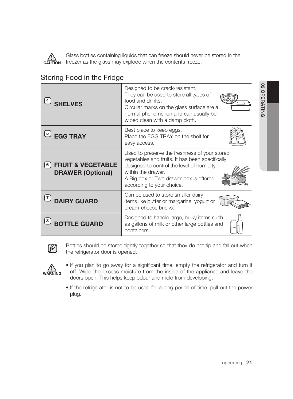 Storing food in the fridge, Shelves, Egg tray | Fruit & vegetable drawer (optional), Dairy guard, Bottle guard | Samsung DA99-01906A User Manual | Page 21 / 32