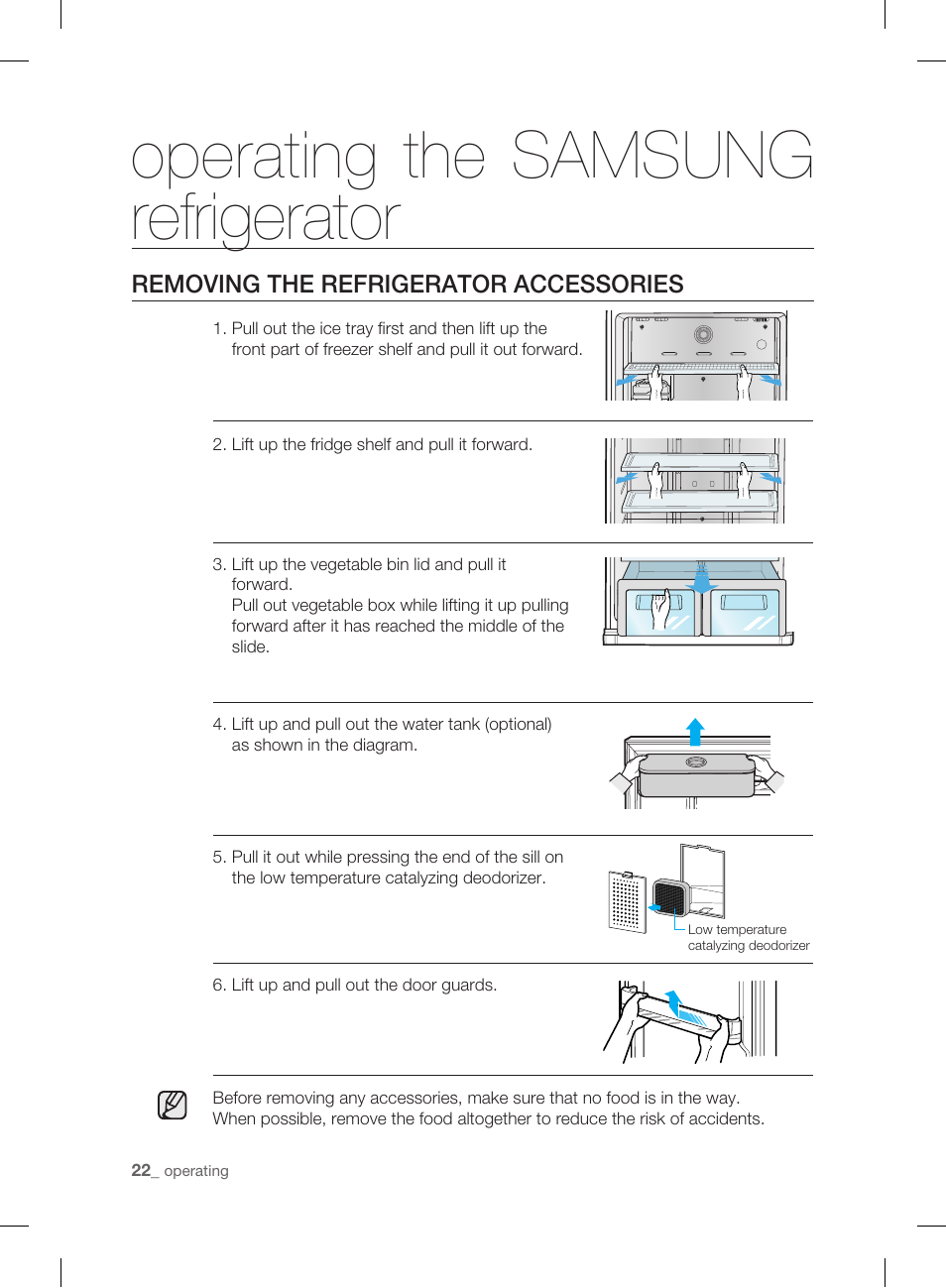 Removing the refrigerator accessories, Operating the samsung refrigerator | Samsung DA99-01906A User Manual | Page 22 / 32