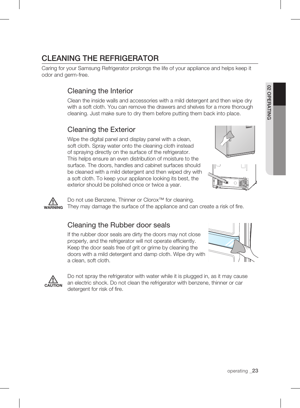 Cleaning the refrigerator, Cleaning the interior, Cleaning the exterior | Cleaning the rubber door seals | Samsung DA99-01906A User Manual | Page 23 / 32