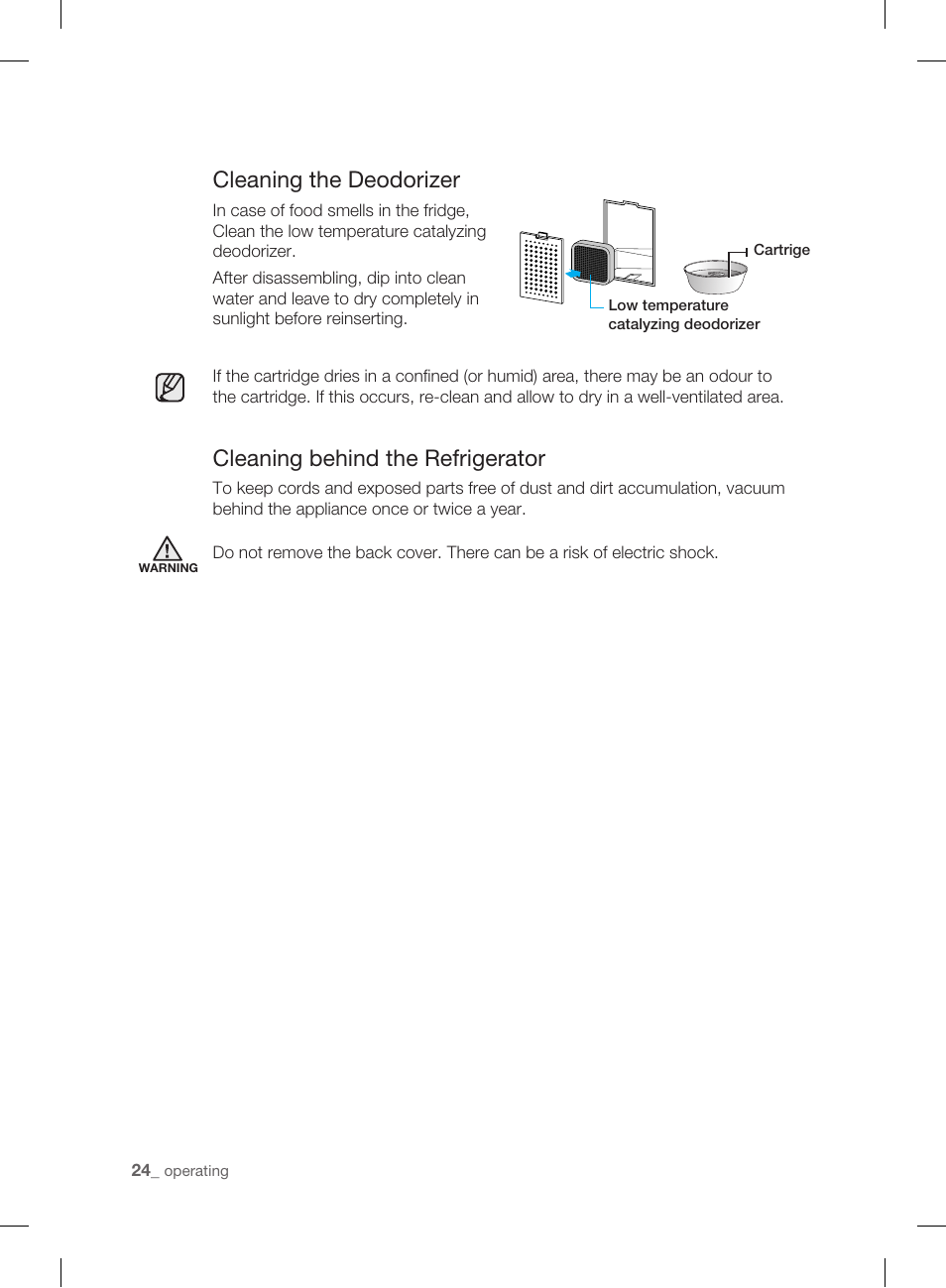 Cleaning the deodorizer, Cleaning behind the refrigerator | Samsung DA99-01906A User Manual | Page 24 / 32