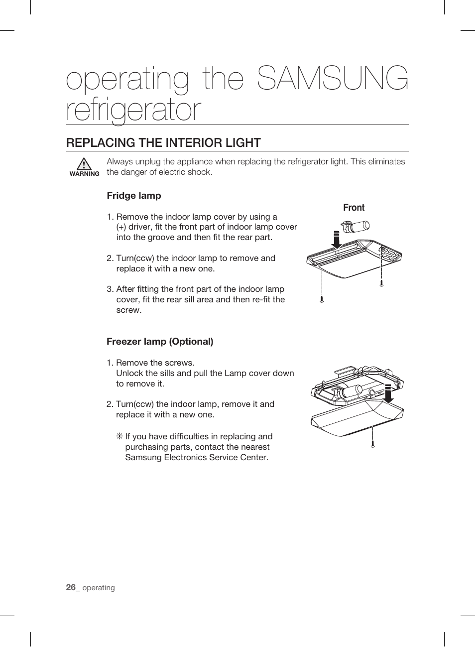 Replacing the interior light, Troubleshooting, Operating the samsung refrigerator | Samsung DA99-01906A User Manual | Page 26 / 32