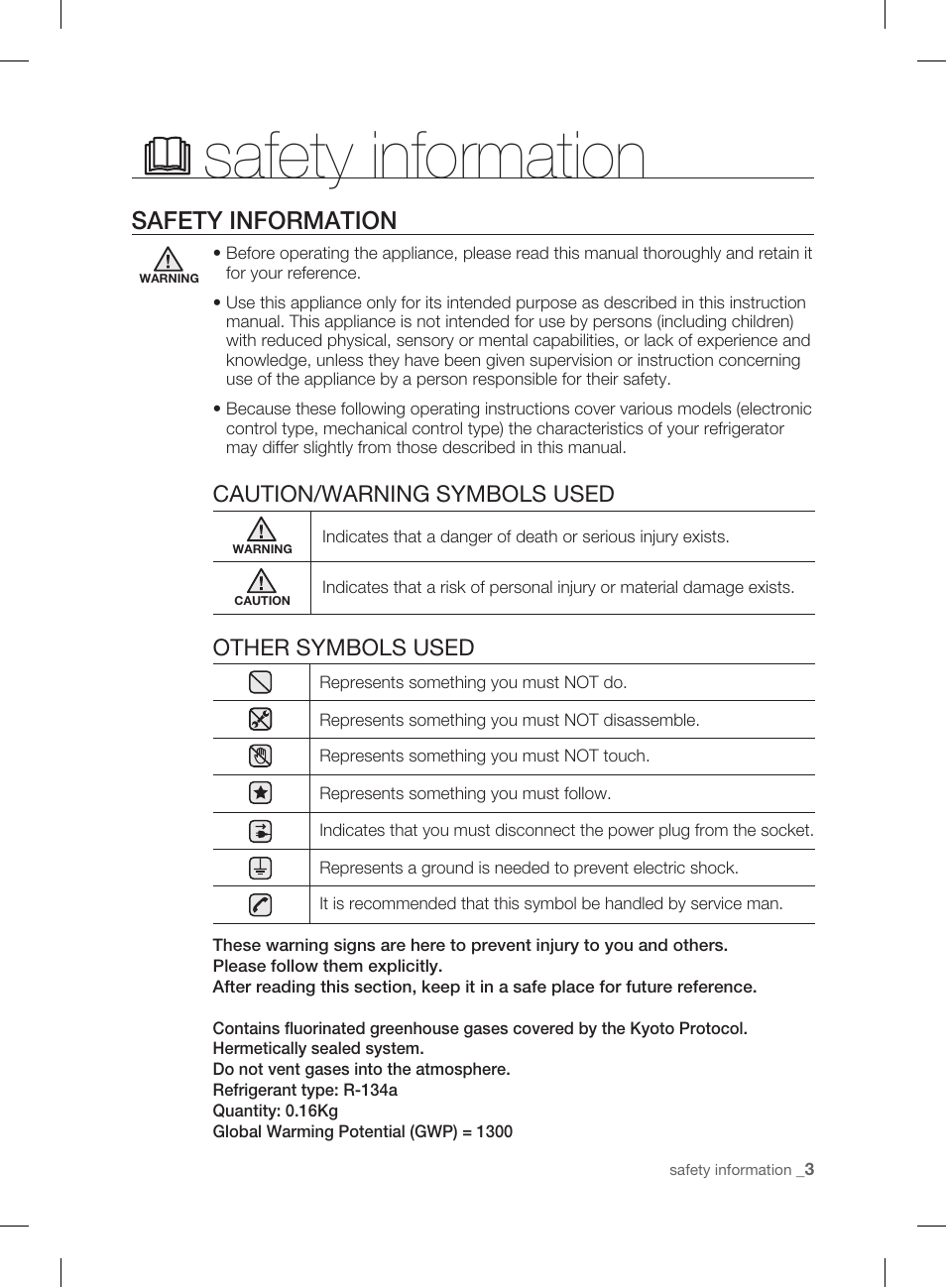 Safety information, Caution/warning symbols used other symbols used | Samsung DA99-01906A User Manual | Page 3 / 32