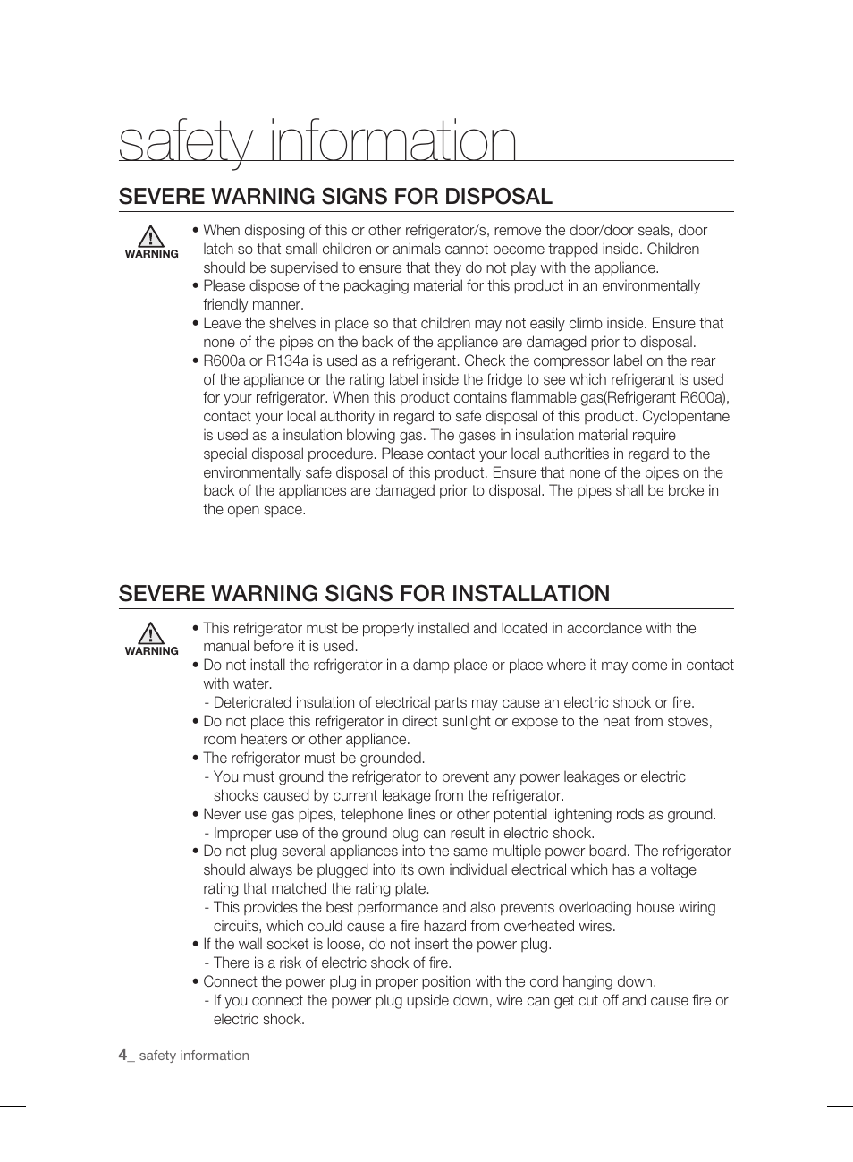 Severe warning signs for disposal, Severe warning signs for installation, Safety information | Samsung DA99-01906A User Manual | Page 4 / 32
