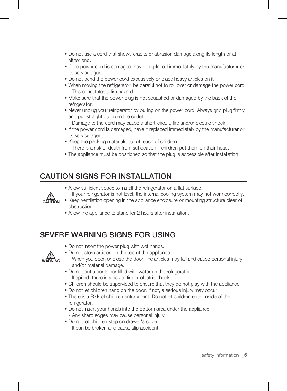 Caution signs for installation, Severe warning signs for using | Samsung DA99-01906A User Manual | Page 5 / 32