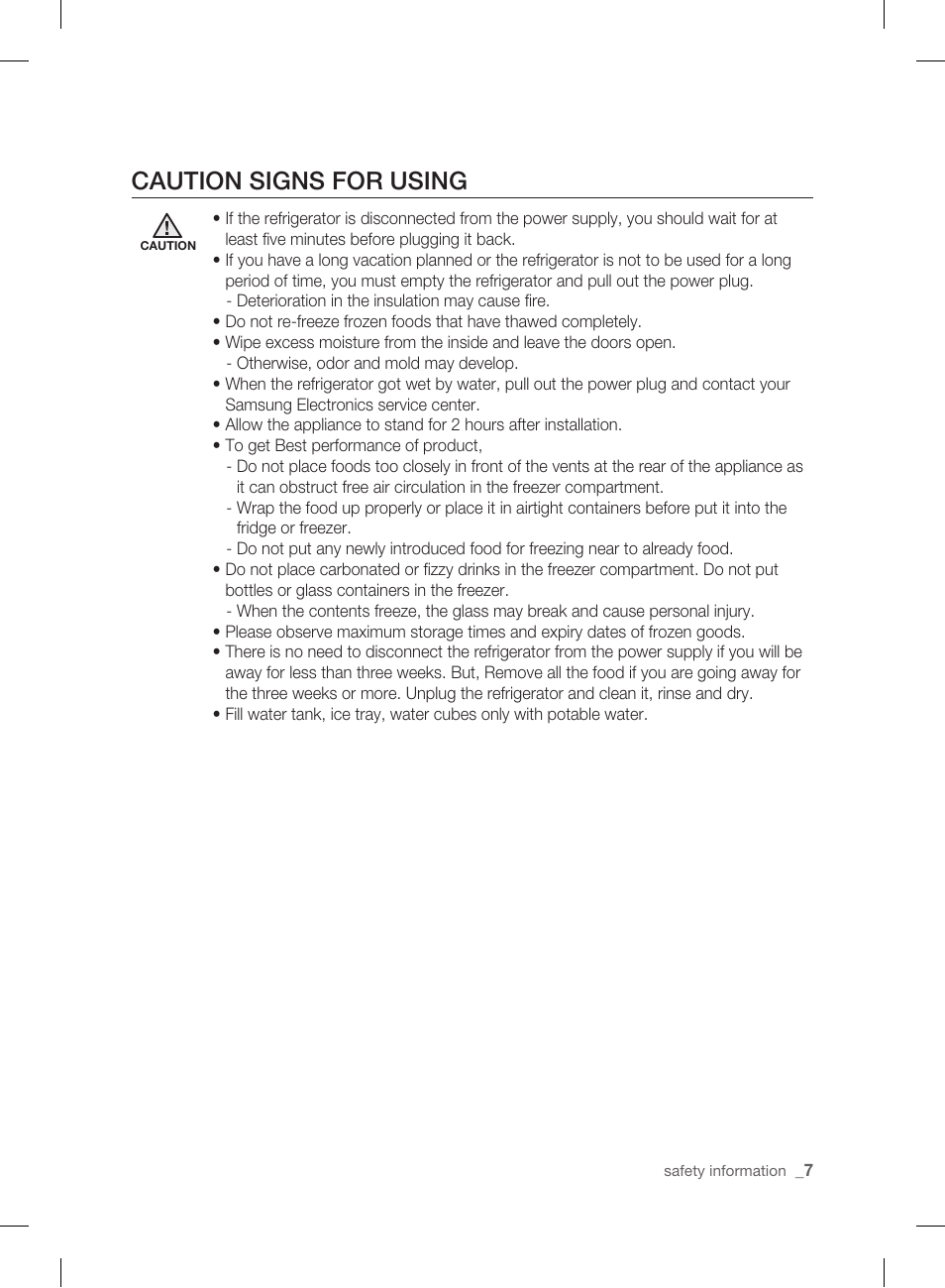 Caution signs for using | Samsung DA99-01906A User Manual | Page 7 / 32