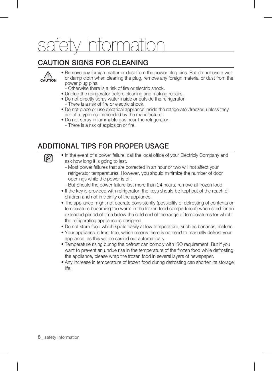 Caution signs for cleaning, Additional tips for proper usage, Safety information | Samsung DA99-01906A User Manual | Page 8 / 32